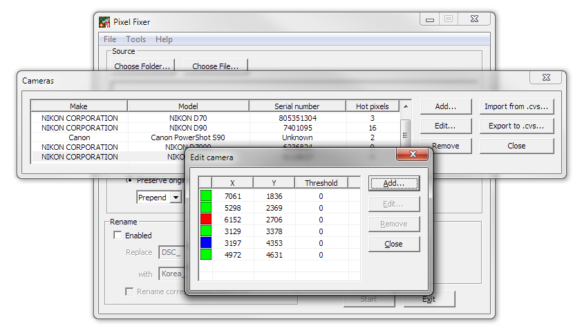 Manage lists of cameras and hot pixels